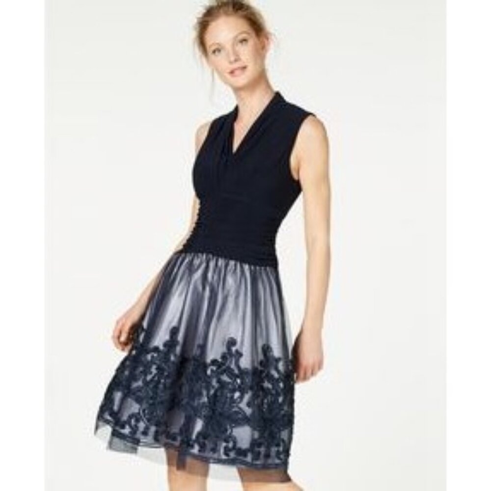 SLNY Missy Blue Fit & Flare Cocktail Party Dress Sleeveless Navy Size 6 Stretch - Picture 16 of 16